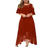 Plus Size Dress for Women UK Elegant Casual Chiffon Maxi Dresses Cold Shoulder Lace Floral Long Dress Short Sleeve Formal Crewneck Prom Dress Ladies Wedding Guest Dresses for Evening Night Out