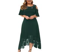 Plus Size Dress for Women UK Elegant Casual Chiffon Maxi Dresses Cold Shoulder Lace Floral Long Dress Short Sleeve Formal Crewneck Prom Dress Ladies Wedding Guest Dresses for Evening Night Out