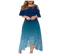 Plus Size Dress for Women UK Elegant Casual Chiffon Maxi Dresses Cold Shoulder Lace Floral Long Dress Short Sleeve Formal Crewneck Prom Dress Ladies Wedding Guest Dresses for Evening Night Out
