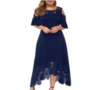 Plus Size Dress for Women UK Elegant Casual Chiffon Maxi Dresses Cold Shoulder Lace Floral Long Dress Short Sleeve Formal Crewneck Prom Dress Ladies Wedding Guest Dresses for Evening Night Out