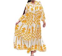 Plus Size Dress for Women UK Sale Clearance V Neck Button Long Sleeve Dresses Bohemian Casual Loose Maxi Dresses Party Beach Boho Long Dress Ladies Flowy Swing Shift Dresses Yellow