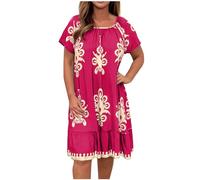 Plus Size Dress for Women Vintage Ethnic Print Midi Dress Summer Short Sleeve Beach Dresses Square Neck Casual T Shirt Dress A-line Tunic Dress Loose Elegant Party Dresses Holiday Vacation