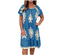 Plus Size Dress for Women Vintage Ethnic Print Midi Dress Summer Short Sleeve Beach Dresses Square Neck Casual T Shirt Dress A-line Tunic Dress Loose Elegant Party Dresses Holiday Vacation