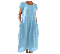 Plus Size Dress Little Black Day Dresses For Women Uk Crew Neck Solid Color Linen With Pockets Cotton Blend Maxi Loose Summer Beach (Blue, L)