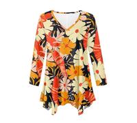 Plus Size Dress Shirts for Women Irregular Hem Flowy Long Blouses Blooming Flower Shrimp Tops for Ladies Fall Spring Long Sleeve Swing Loose Fit Tunic Shirts Orange