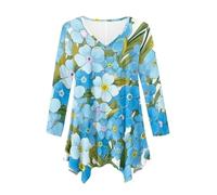 Plus Size Dress Shirts for Women Irregular Hem Flowy Long Blouses Forget-Me-Not Floral Print Tops for Ladies Fall Spring Long Sleeve Swing Loose Fit Tunic Shirts Blue