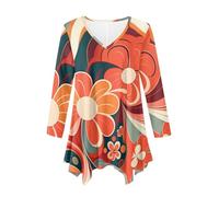 Plus Size Dress Shirts for Women Irregular Hem Flowy Long Blouses Hippie Wavy Line Flower Print Orange Tops for Ladies Fall Spring Long Sleeve Swing Loose Fit Tunic Shirts