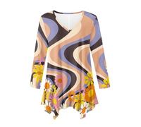 Plus Size Dress Shirts for Women Irregular Hem Flowy Long Blouses Retro Wavy Line Daisy Flowers Tops for Ladies Fall Spring Long Sleeve Swing Loose Fit Tunic Shirts Orange