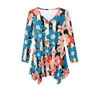 Plus Size Dress Shirts for Women Irregular Hem Flowy Long Blouses Striped Forget-Me-Not Floral Print Tops for Ladies Fall Spring Long Sleeve Swing Loose Fit Tunic Shirts Blue