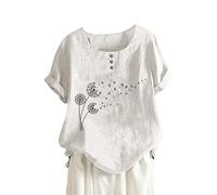Plus Size Dress Shirts Women Summer Round Neck Button Dandelion Print Short Sleeve T Shirt Blouse Top Flower Power Shirt Women (White, M)