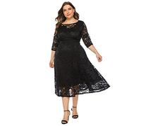 Plus Size Dress UK Women Elegant 3/4 Sleeve Floral Lace A-Line Swing Midi Dresses Ladies Summer Wedding Guest Bridesmaid Cocktail Funeral Graduation Formal Occasion Party Evening Prom Gown Black XL