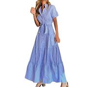 Plus Size Dress-Women Dress Stripe Print Turn Down Short Sleeve High Rise Maxi Dress