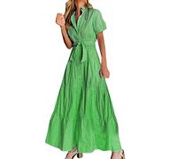 Plus Size Dress-Women Dress Stripe Print Turn Down Short Sleeve High Rise Maxi Dress