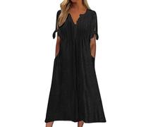 Plus Size Dresses for Curvy Women Loose Casual Maxi Dress Short Sleeve V Neck Tunic Flowy Pleated Beach Sundress Plus Size Ladies Boho Dress Holiday Dresses A Black