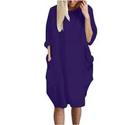 Plus Size Dresses for Women UK with Pocket Casual Dress Short Sleeve T Shirts Dress Midi Length Party Crewneck Solid Sweatshirt Loose Fit Pullover Ladies Oversized Purple L