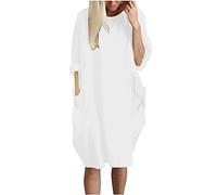 Plus Size Dresses for Women UK with Pocket Casual Dress Short Sleeve T Shirts Dress Midi Length Party Crewneck Solid Sweatshirt Loose Fit Pullover Ladies Oversized White XXL