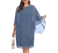 Plus Size Dresses Wedding Guest - Mother Bride Semi Formal Lace Cape with Chiffon Overlay Dresses, Dusty Blue, 26 Plus