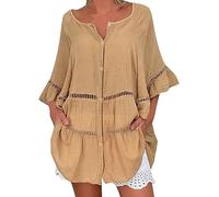 plus Size Exercise Clothes for Women Women's Three Quarter Sleeved Cotton V Neck Loose Button Hollow Out Plus Size Top Dress Womens Pan Blouse (Brown, XXXXL)