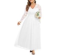 Plus Size Formal Dress V-Neck Lace Chiffon Maxi Wedding Guest Gown, White-1, 26 Plus
