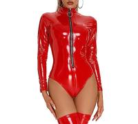 Plus Size Glossy PVC Leather Bodysuit For Women Hot Breast Ladies Shiny Shaping Latex Leotard Long Sleeve Sexi
