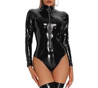 Plus Size Glossy PVC Leather Bodysuit For Women Hot Breast Ladies Shiny Shaping Latex Leotard Long Sleeve Sexi
