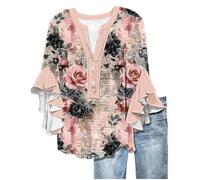 Plus Size Going Out Tops Summer Tops for Women UK Fashion Floral Print Flowy Ruffle Sleeve Tunic Tunic Casual Loose Fit 3/4 Length Sleeves Shirts Plus Size Summer Clothing for Women