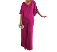 Plus Size Gray Double Layer Tunic Pantsuit, Women's 2 Piece Sets Solid V-Neck Pant Suits Asymmetric Flowy Set (Rose Red,X-Large)