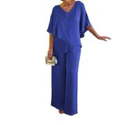 Plus Size Gray Double Layer Tunic Pantsuit, Women's 2 Piece Sets Solid V-Neck Pant Suits Asymmetric Flowy Set (Blue,3X-Large)
