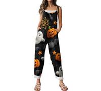 Plus Size Halloween Clothes, Women's Halloween Jumpsuit Skull Pumpkin Print Suspender Wide Leg Overalls Loose Baggy Dungarees Plus Size Rompers Casual Adjustable Straps Playsuits with Pockets