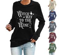 Plus Size Halloween Shirts for Women Witch Way to The Wine Funny Witch T Shirts Horror Halloween Shirts Long Sleeve Tops Tunic Pullover Festival Outfits (Grey, XXL)