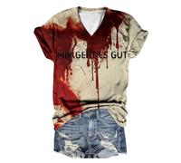 Plus Size Halloween Top Ladies' Casual V Neck Short Sleeved Bloody Letter Printed T Shirt Oversized Tees for Women