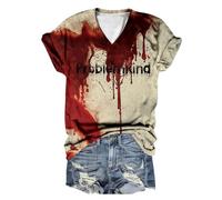 Plus Size Halloween Top Ladies' Casual V Neck Short Sleeved Bloody Letter Printed T Shirt Oversized Tees for Women