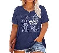 Plus Size I Like Murder Shows T-Shirt Women Novelty Halloween Horror Shirt Skull Casual Graphic Tees Tops, Dark Blue, XXL Plus
