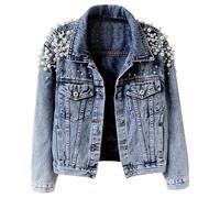 Plus Size Jackets Women's Short Denim Jacket Embroidered Rivet Pearl Blue Large