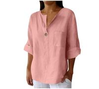 Plus Size Ladies 3/4 Sleeve Linen Tops for Women UK 2026 Short Sleeve Cotton Linen Tops Summer V Neck Casual Loose Vacation Beach Solid Color Blouses Mid Long Sleeved T Shirts Cheesecloth Clothes