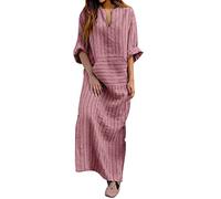 Plus Size Linen Dress for Women UK Striped Shirts Dresses Boho Beach Maxi Dresses V Neck Roll Up Long Sleeve Tunic Dresses Baggy Casual Long Dresses Floaty Summer 3/4 Sleeve Dresses for Office Work