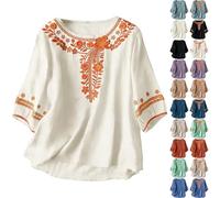 Plus Size Linen Tops,3/4 Sleeve Embroidered Linen Shirts for Women UK 2026 Crewneck Boho Beach Summer Tunic Tops Mexican Peasant T Shirt Floral Printed Vacation Bohemian Dressy Blouse White