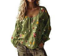 Plus Size Linen Tops Oversized Bohemian Embroidered Tops Fall Long Sleeve Vintage Loose Elegant Blouses Ladies Beach Leisure Hippie Clothes Retro Floral Pattern Tunics XXL, Green Style#5