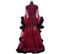 Plus Size Lingerie Robe - Sexy Feather Trim Nightwear, Long Lace Kimono Night Robe, Tulle Long Sleeve Dressing Gown