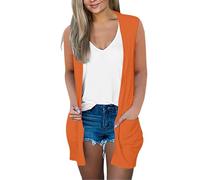 Plus Size Long Summer Cardigans for Women UK Ladies Sleeveless Cardigan with Pockets Sleeveless Loose Outwear Open Front Lightweight Cardigan Waistcoat Plus Size Open Front Long Waistcoat Orange