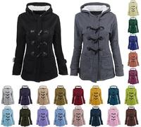 Plus Size Loose Fit Overcoat Horn Toggles Wool Blend Long Coats Vintage Printed Parka Outerwear Women's Coats Lightweight Windbreaker Jackets Ladies Duffle Trench Coat with Fur Hood