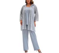 Plus Size Mother of The Bride 3 Piece Lace Pant Suit Set Formal Wedding Guest Attire for Weddings Evening Party Occasions, Grey, 16