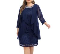 Plus Size Mother of The Bride Dress - 2 Piece Wedding Guest Formal Lace Dress with Jackets, Navy Blue 1, 16 Plus