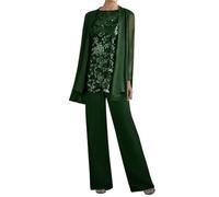 Plus Size Mother of The Bride Outfits 3 Pieces Mother of The Bride Trouser Suits Chiffon Mother of The Bride Suits 26 Dark-Green