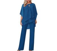 Plus Size Mother of The Bride Outfits Two-Piece Chiffon Shirt and High Waist Trouser Suit 2 Pieces Festival Outfit Elegant Retro Flowing Dinner Suits Cocktail Wedding Guest Trouser Suits Blue
