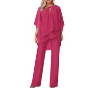 Plus Size Mother of the Bride Outfits Two-Piece Chiffon Shirt and High Waist Trouser Suit Elegant Flowing Dinner Sets Cocktail Wedding Guest Trouser Suits (UK, Alpha, S, Regular, Regular, Red)