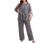 Plus Size Mother of The Bride Pant Suits 2 Piece Set Elegant Embroidered Sequins High Low Hem Wedding Guest Outfit for Women, Grey, 26