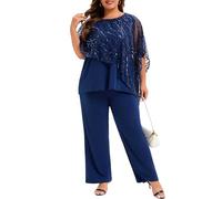 Plus Size Mother of The Bride Pant Suits 2 Piece Set Elegant Embroidered Sequins High Low Hem Wedding Guest Outfit for Women, Blue, 18