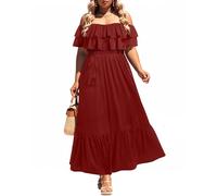 Plus Size Off The Shoulder Maxi Long Casual Layered Ruffle Beach Sundress Women Pocket 2024, Burgundy, 26 Plus