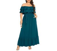 Plus Size Off The Shoulder Maxi Long Casual Layered Ruffle Beach Sundress Women Pocket 2024, Teal, 18 Plus